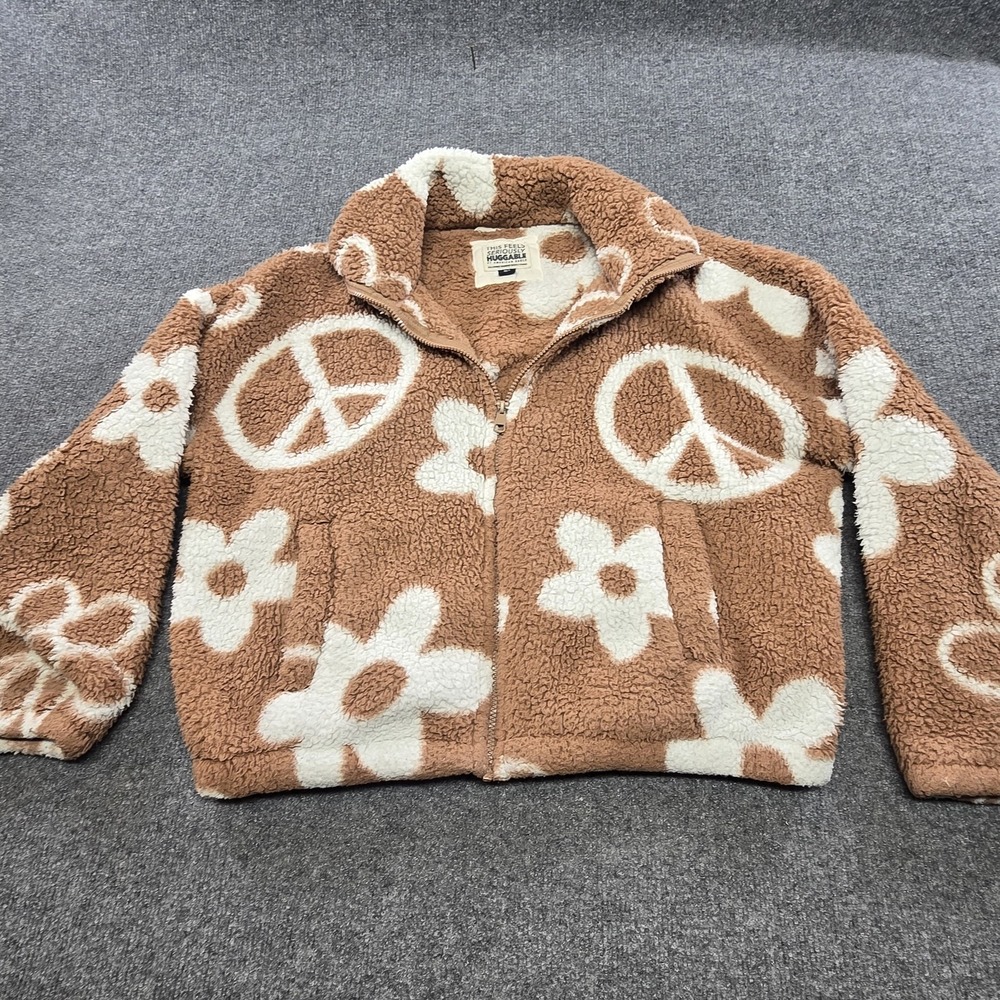 American Eagle Outfitters Fleece Jacket Womens XS/S Brown Sherpa Peace Flower